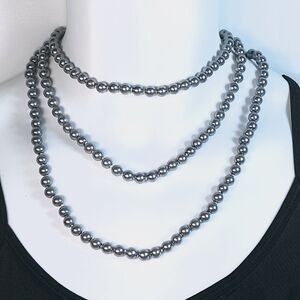 Vintage Extra Long Silver Gray Glass Pearl Opera Length Knotted Necklace